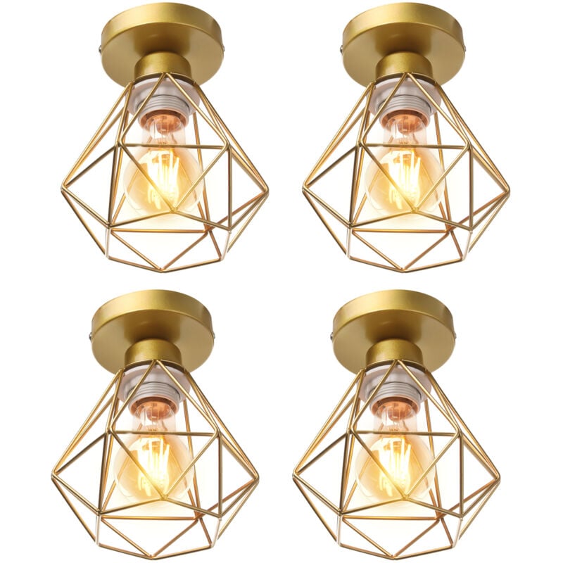 Lampe de Plafond 16cm Plafonnier Cage Diamant en Métal Luminaire pour Chambre Couloir Salon Doré - 4 Pack