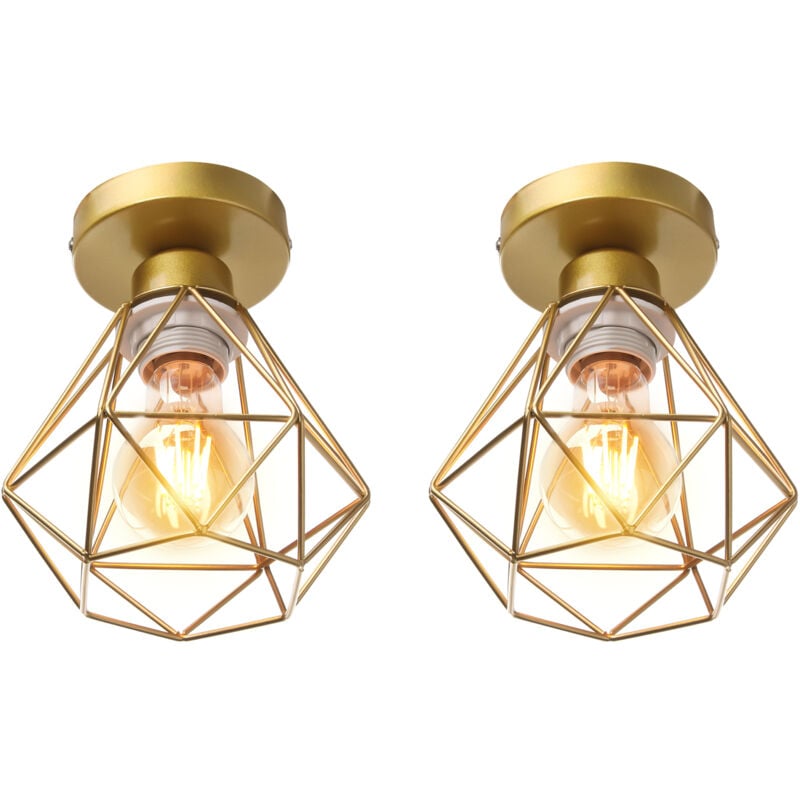 Lampe de Plafond 16cm Plafonnier Cage Diamant en Métal Luminaire pour Chambre Couloir Salon Doré - 2 Pack