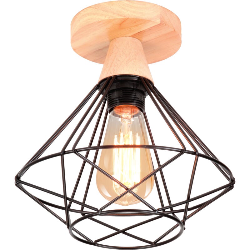 Plafonnier Industriel en Métal et Bois Design Rétro Luminaire pour Escalier Couloir Entrée Noir