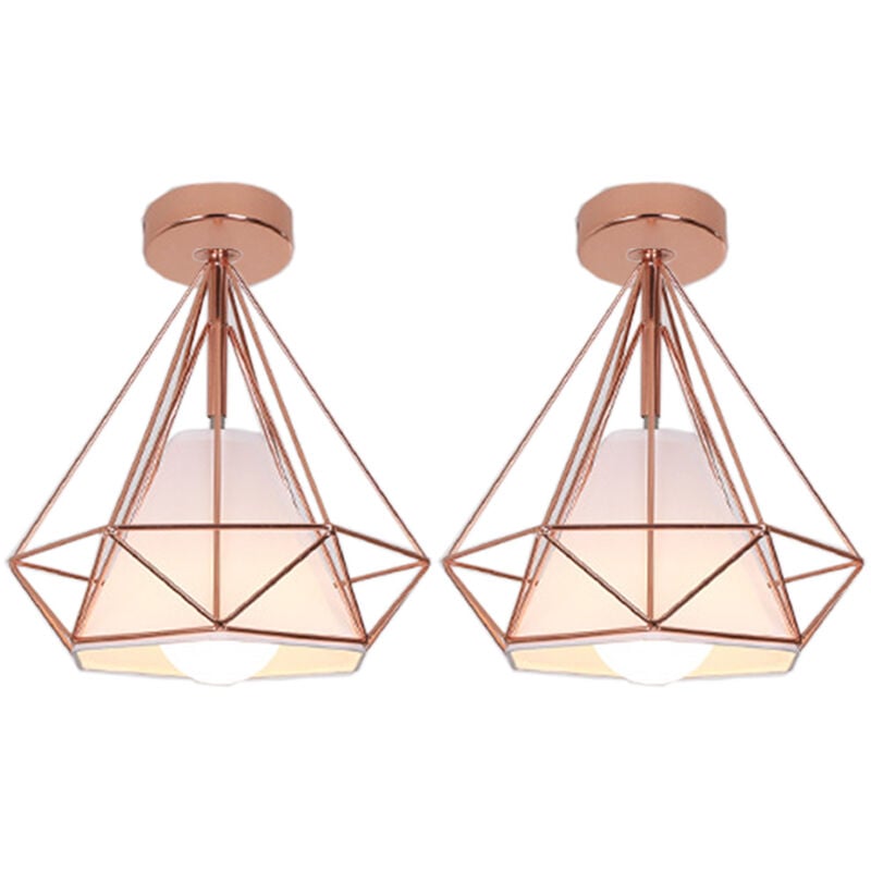 Moderne Plafonnier Cage Forme Diamant E27 25cm Lustre Suspension Industrielle Doré Rose 2PCS