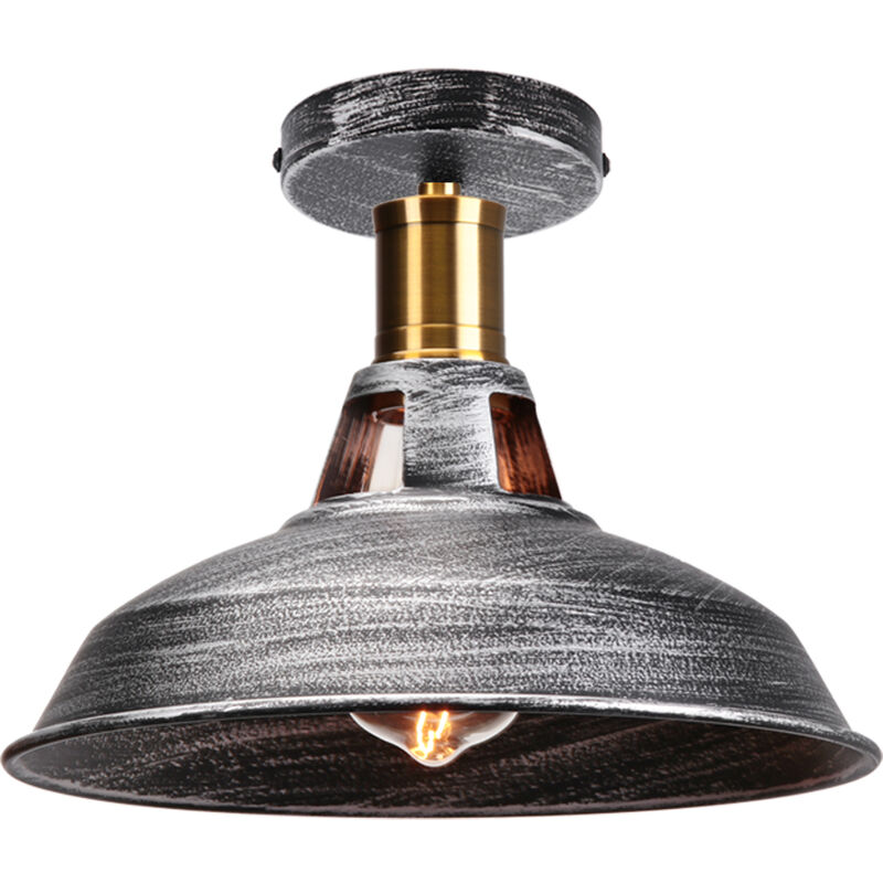 Axhup - Lampe de Plafond 27cm Plafonnier Industrielle Rétro Fer Abat-jour Luminaire Couloir Balcon Escalier Argent Gris 1 Pack - 1PCS