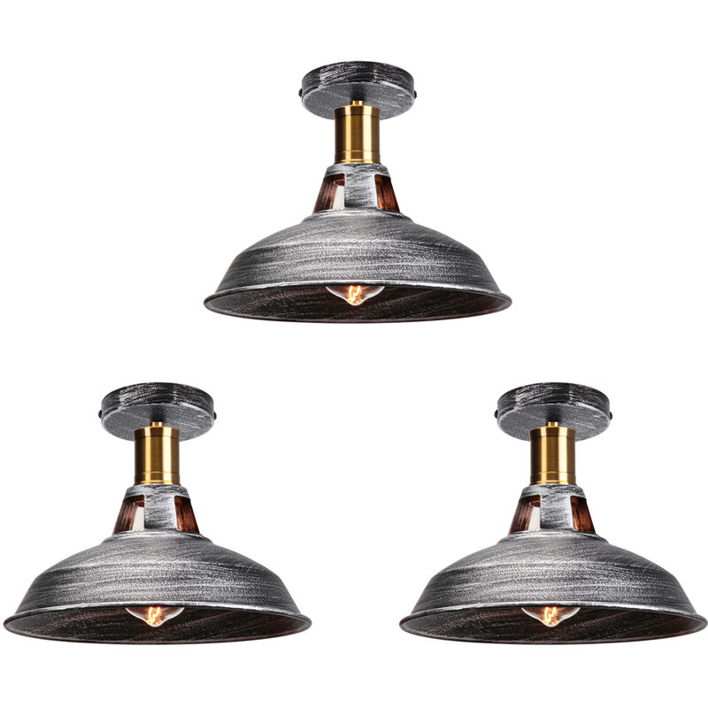 Axhup - Lampe de Plafond 27cm Plafonnier Industrielle Rétro Fer Abat-jour Luminaire Couloir Balcon Escalier Argent Gris 3 Pack - 3PCS