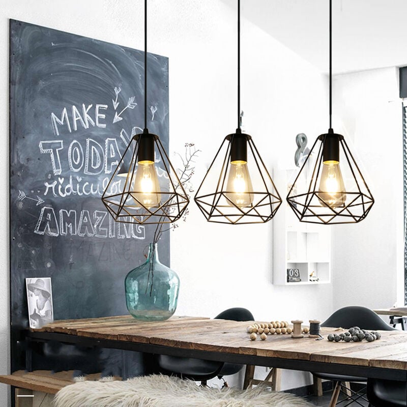 Lampe de Plafond à 3 Flammes Design Industrielle Suspension Lustre Cage Diamant en Métal Noir