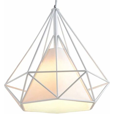 Lampe de Plafond Design Industriel Vintage Luminaire en Fer E27 Lustre Suspension en Forme Diamant 25cm avec Housse en Tissu pour Chambre Cuisine Couloir Blanc
