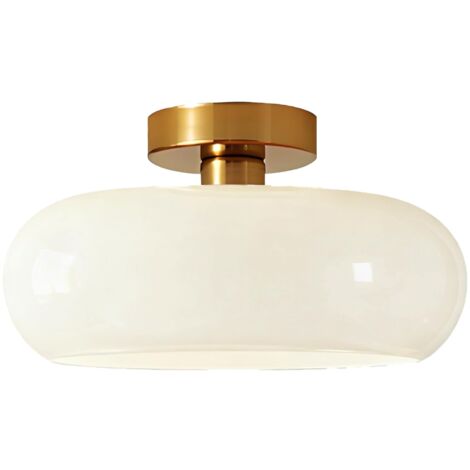 Lampe de Plafond Moderne, Abat-jour en Verre Rond de 28cm avec Base Métallique Dorée, E27 Lustre, Éclairage de Hall pour Chambres,Salles à Manger,Cuisines (Blanc crème, H15cm)