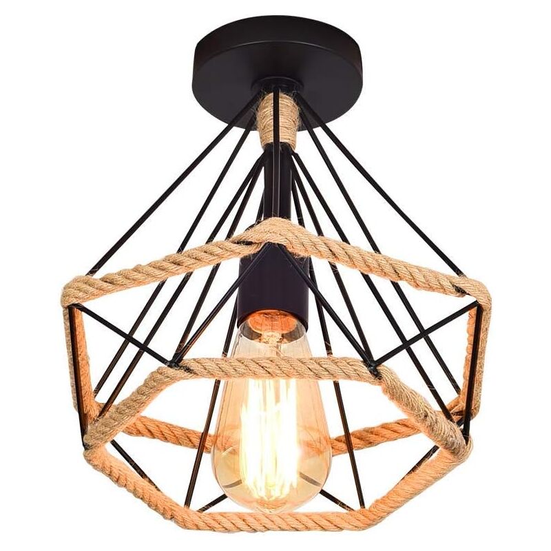 Lampe de Plafond rétro vintage Plafonnier Industrielle Cage en forme Diamant en Métal avec corde de chanvre Fer Lustre Suspension Luminaire pour