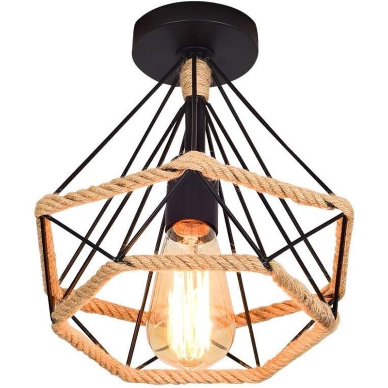 Lampe de Plafond rétro vintage Plafonnier Industrielle Cage en forme Diamant en Métal avec corde de chanvre Fer Lustre Suspension Luminaire pour