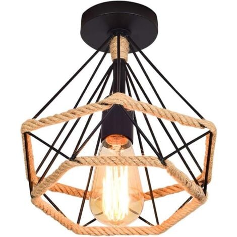 STOEX Lampe de Plafond rétro Vintage Plafonnier Industrielle Cage forme Diamant en Métal Corde de chanvre Fer Lustre Suspension Luminaire pour Salon Salle Chambre Décorer Maison