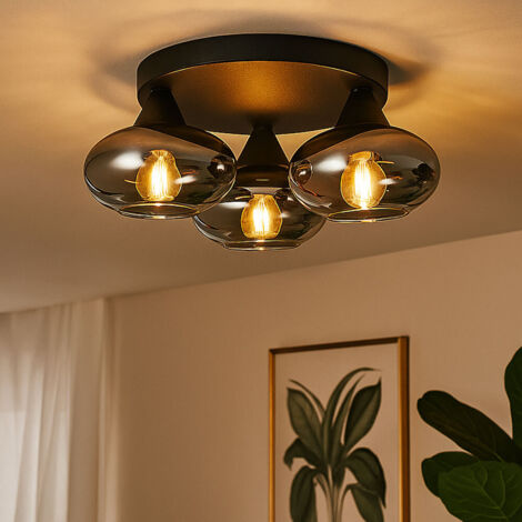 Lampe de plafond verre fumé lampe de salon plafonnier rond boule de verre chambre à coucher, métal noir, 3x E14, DxH 39x15 cm