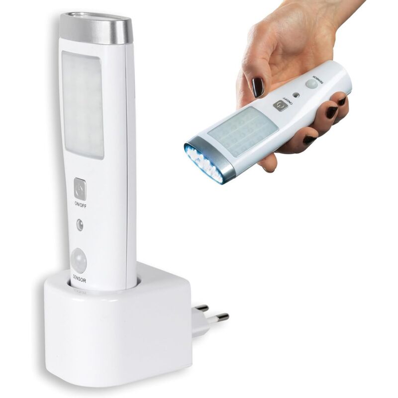 Lampe de poche à détecteur de mouvement d'intérieur - Lampe de prise secteur rechargeable - Lampe de secours - Chargeur à induction sans fil - Lampe