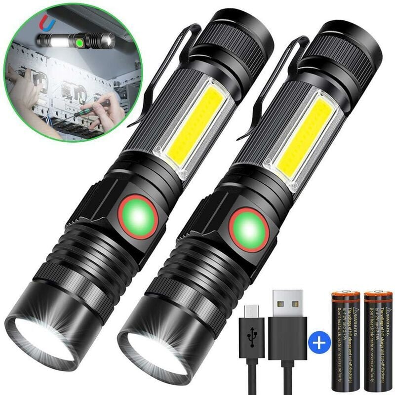 Lampe de poche à lumière forte en alliage d'aluminium extérieur T6 + cob double source de lumière ensemble 18650 + câble usb + boîte noire 2 pièces