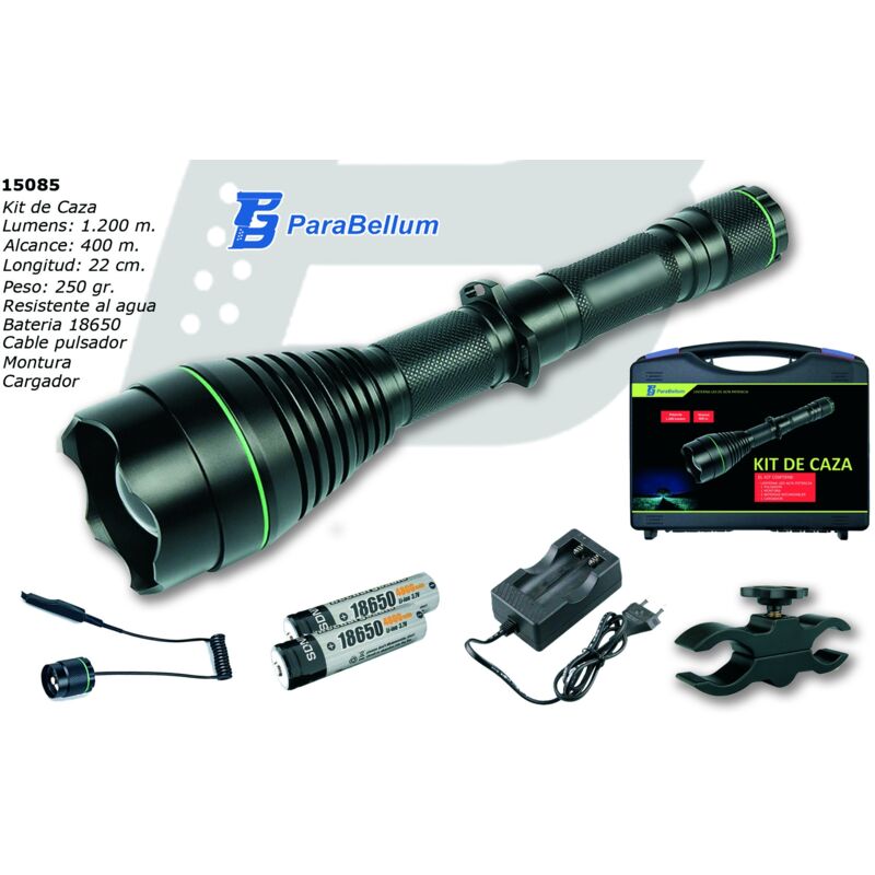 Lampe de poche de chasse 1200 Lumens, avec chargeur, câble de rallonge et étui Parabellum 15085