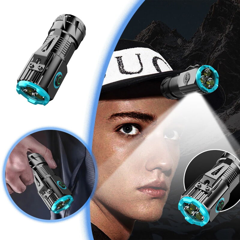 Feiyue - Lampe de poche d'extérieur à trois yeux, en alliage d'aluminium, avec clip pour capuchon, petite lampe multifonction en acier, type c,