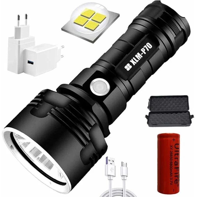 P70 Lampe Poche étanche led rechargeable haute puissance 30000-100000 lumens, Ultra lumineuse 3 modes la plus puissante lampe de poche rechargeable