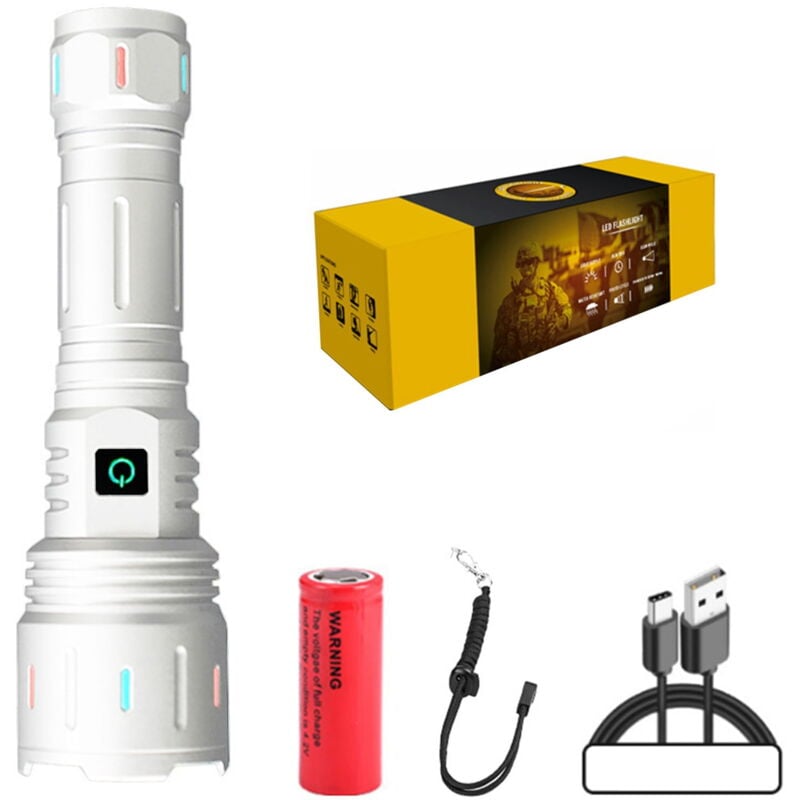 Feiyue - Lampe de poche fluorescente 30 w en alliage d'aluminium, éclairage puissant, ampoule blanche, pour camping, aventure en plein air, chargeur