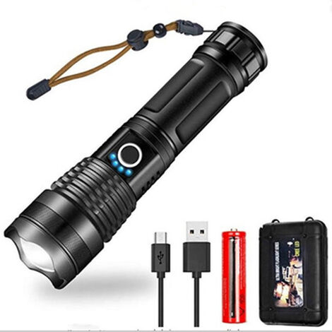 Lampe de poche LED 10000 lumens, 5000mAh USB rechargeable 26650 batterie incluse, 5 modes d'éclairage, zoomable, longue durée de travail torche tactique pour le camping, la randonnée, la chasse, l'urg