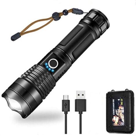 Lampe de poche LED 10000 lumens, 5000mAh USB rechargeable 26650 batterie incluse, 5 modes d'éclairage, zoomable, longue durée de travail torche tactique pour le camping, la randonnée, la chasse, l'urg