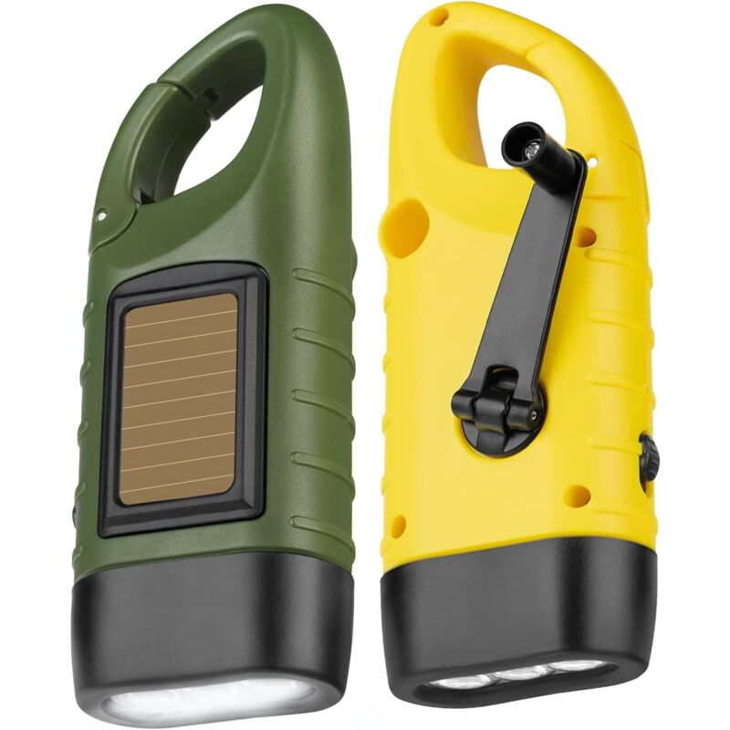 lampe de Poche LED d'Urgence, 2 Pièces Lampe Torche Solaire Rechargeable, Lampes de Poche Dynamo avec Mousqueton, Mini Lampe Torche avec Manivelle et