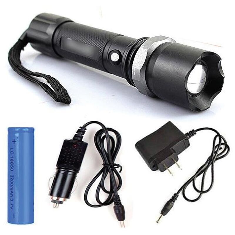 Lampe de poche LED polyvalente - 3 modes d'éclairage - avec chargeurs pour la prise et la voiture