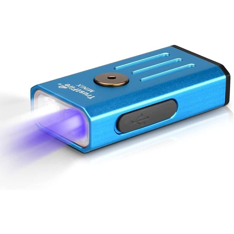 Lampe de Poche LED Porte-clés, 320LM Mini EDC Light, Petite Torche Portable légère (Blanc + UV (365nm) Double lumière, Corps Bleu Clair)