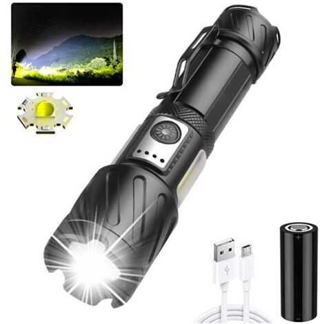 Lampe de Poche LED Rechargeable 100000 Lumens Haute Puissance Lampe Torche Tactique 5 Modes Zoomable pour Camping Randonnée