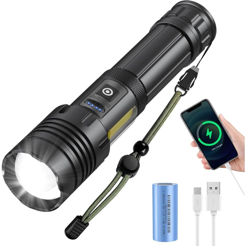Lampe de poche led rechargeable ultra puissante, torche de 3000 lumens avec batterie de 3400 mAh (incluse), lampe tactique zoomable étanche pour le