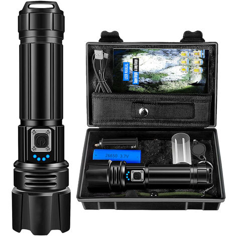 Lampe de poche LED super forte, lampe de poche rechargeable 11000 lumens, lampe tactique xhp70.2, IP67 étanche 5 modes d'éclairage de secours de randonnée de camping (avec batterie)
