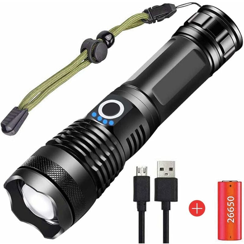 Lampe de Poche led Super Lumineuse 5000 lumens, usb Rechargeable 5 Modes Tactique Haute Puissance Torche Zoom avec Indicateur D'alimentation pour