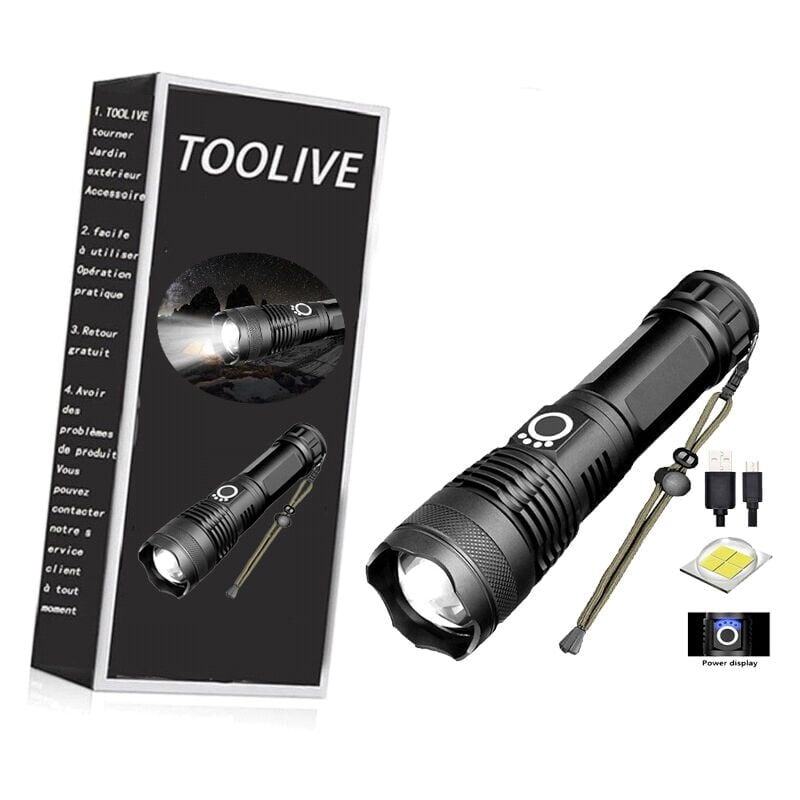Forehill - Lampe de poche led super puissante de 12 000 lumens, lampe de poche rechargeable usb XHP70.2, lampe de poche haute puissance IPX65 étanche