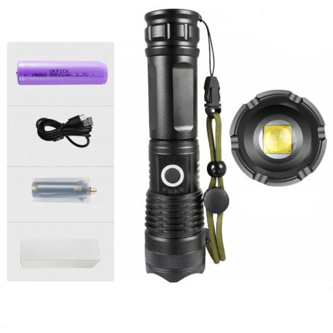 Lampe de Poche LED Ultra Puissante  Rechargeable par USB, Tactique Extrêmement Lumineuse Lampe Torche, 5 Modes Zoomable étanche Torche Camping Randonnée Urgence, Batterie 6800mAh Incluse