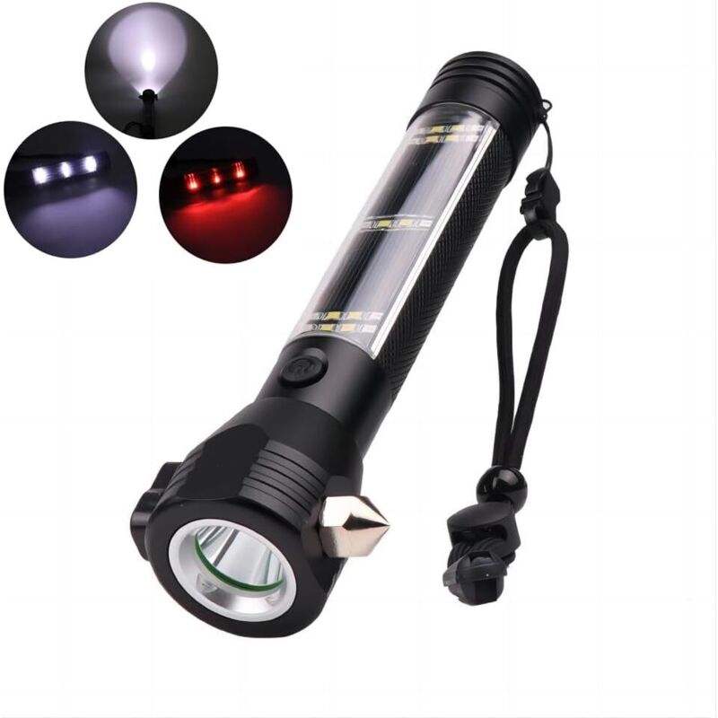 Lampe de poche multifonction 10 en 1 pour voiture - Avec brise-vitre - Coupe-ceinture de sécurité - Lampe de poche solaire multifonction avec 7 modes
