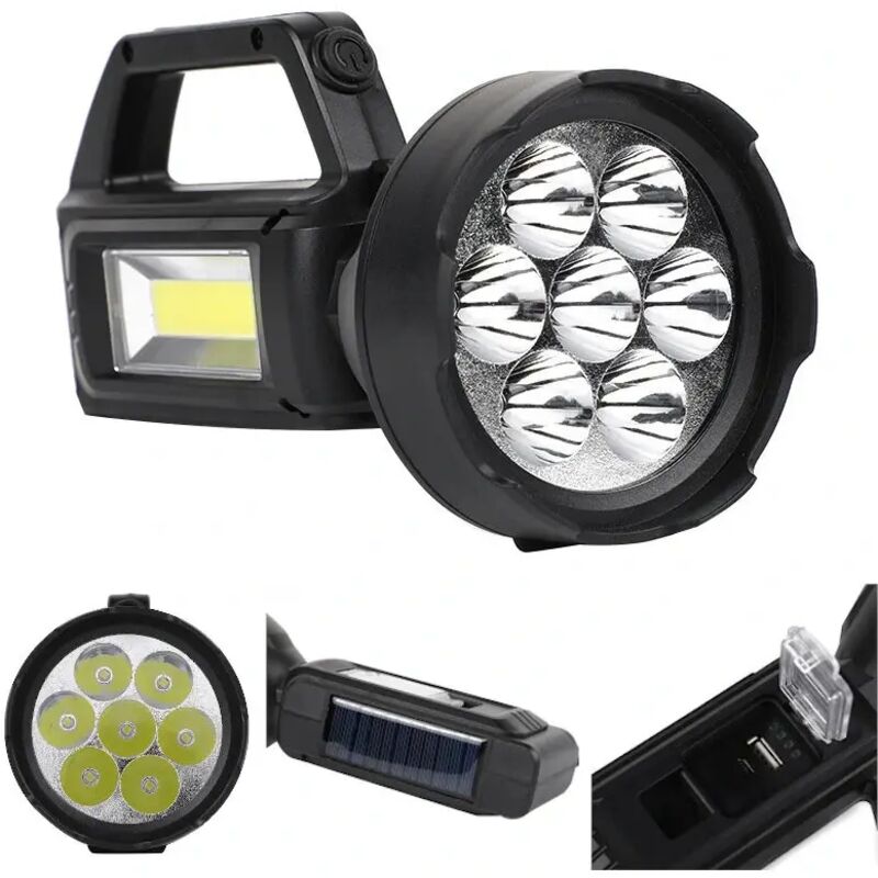 Lampe de poche portable rechargeable solaire à 7 LED avec COB Sidelight Charge USB Super Bright LED Lampe de poche Projecteur pour le camping en