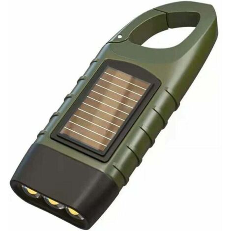 Lampe de poche rechargeable à manivelle, lampe de poche à LED solaire, lampe de poche à dynamo, lampe de secours extérieure, lampes de camping portables, avec mousqueton suspendu (vert)