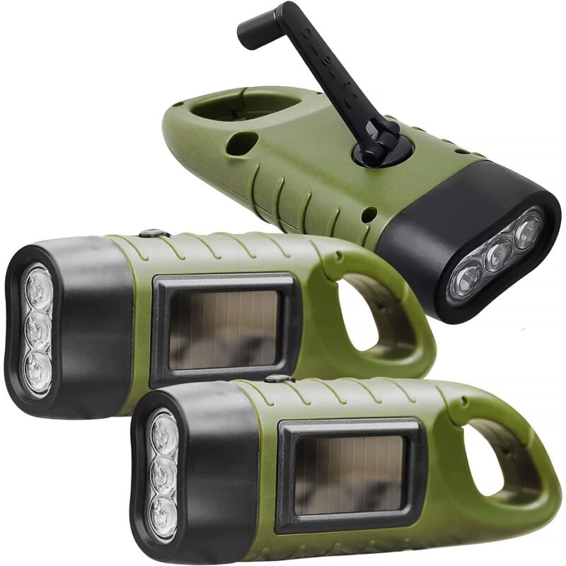 Lampe de poche rechargeable à manivelle LED 3 pièces, lampe de poche solaire avec boucle de randonnée, lampe de poche dynamo, manivelle de lampe de