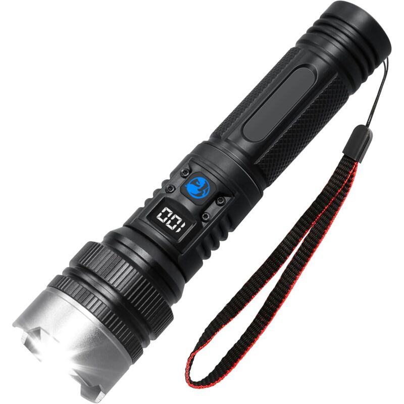 Lampe de poche rechargeable, affichage du niveau de batterie LED 18000 lumens, mise au point réglable, chargement direct USB (double sortie et