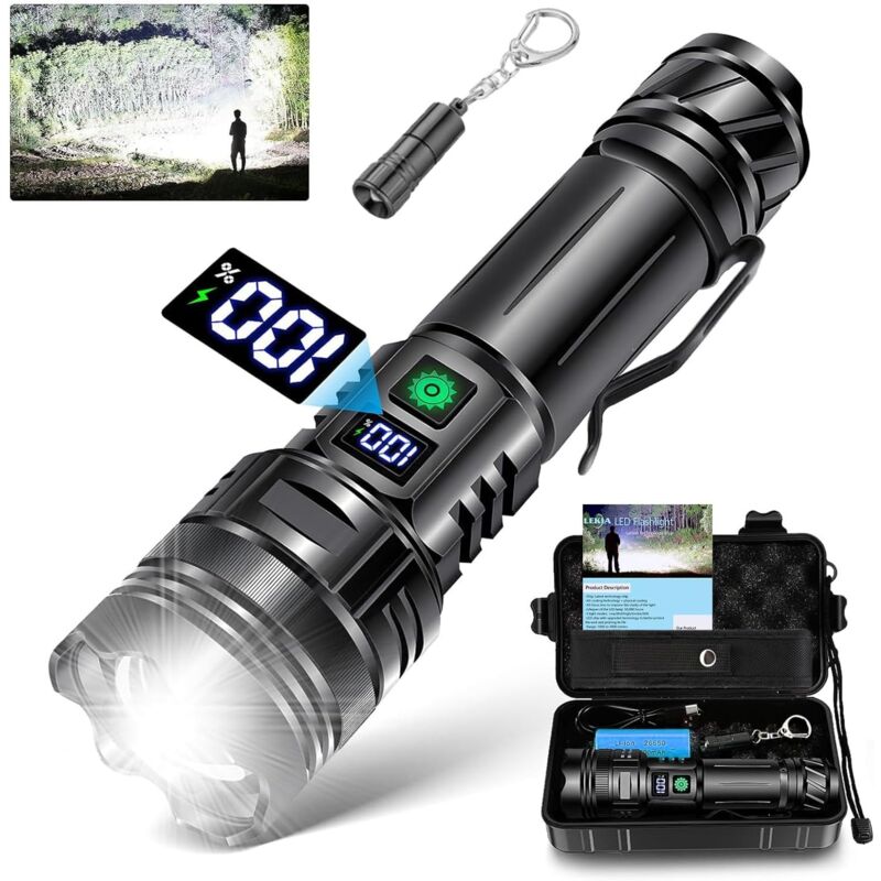 Lampe de Poche Rechargeable Ultra Puissante, 500000LM 5 Modes XHM99 Lampe Torche LED Alimentée par 5000mAh Batterie, IP67 Lampe de Poche Zoomable