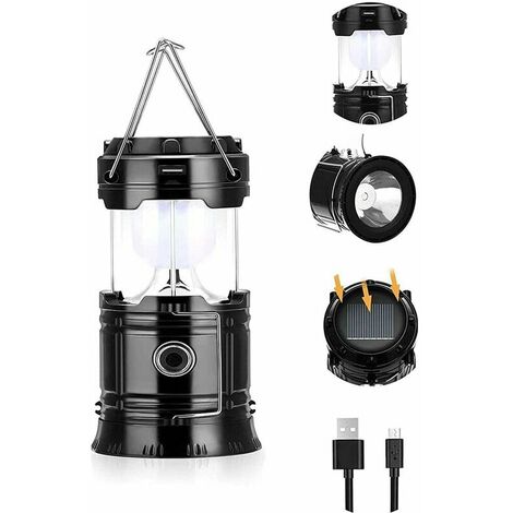 Lampe de poche solaire LED portable étanche pliable USB super lumineuse adaptée pour l'extérieur, randonnée, camping, pêche, panne de courant d'urgence Noir