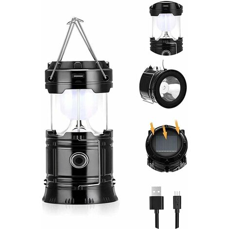 Lampe de poche solaire LED portable étanche pliable USB super lumineuse adaptée pour l'extérieur, randonnée, camping, pêche, panne de courant d'urgence Noir MINKUROW
