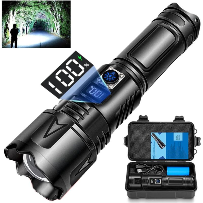 Lampe de Poche Ultra Puissante, USB-C Rechargeable 100000 Lumens Lampe Torche LED, IP65 Étanche Tactique Torches, 5 Modes Zoombar pour Camping