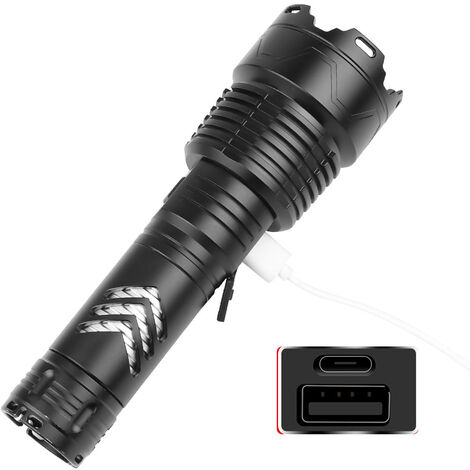 Lampe de poche USB en aluminium, x5 modes d'éclairage, 3000 lumens, chargeur Type-cUSB