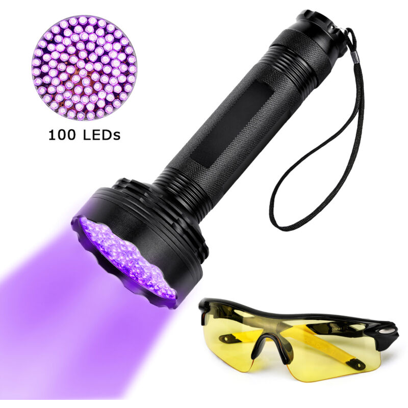 Lampe de poche UV 100 LED, lampe torche lumière noire ultraviolette avec lunettes de protection
