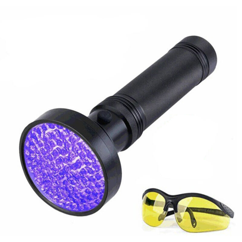 Lampe de poche UV Détecteur d'urine pour animal domestique Lumière noire 100 LED 395NM Blacklight avec lunettes de soleil UV Détecteur portatif pour