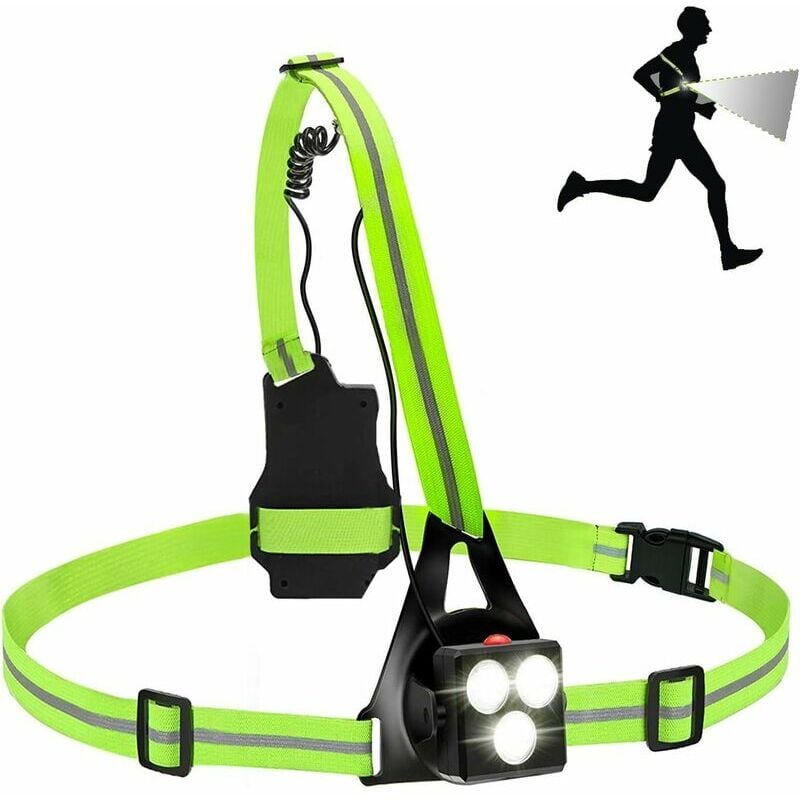 Lampe de poitrine LED avec sangles réfléchissantes, 3 modes, 90 degrés, rechargeable par USB, étanche, rétroéclairage pour coureurs, jogging, marche,