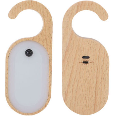 Lampe de porte portable avec détecteur de mouvement et tableau mémo intégré, veilleuse LED blanc chaud rechargeable en bois, idéale pour la chambre et la salle de bain.