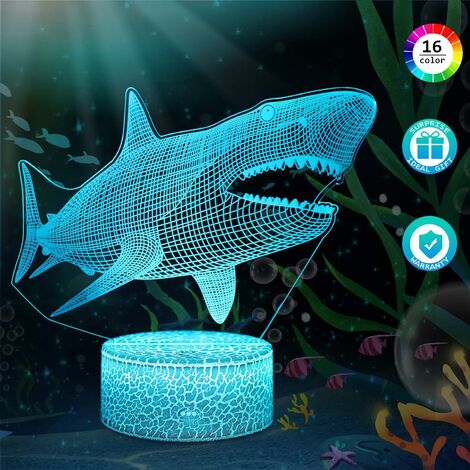 3D Requin Poisson Lampe Illusion Optique LED Veilleuse Optiques Illusions Lampe de Nuit 7 Couleurs Tactile Lampe de Chevet Chambre Table Art Déco Enfant Lumière de Nuit avec Cable USB