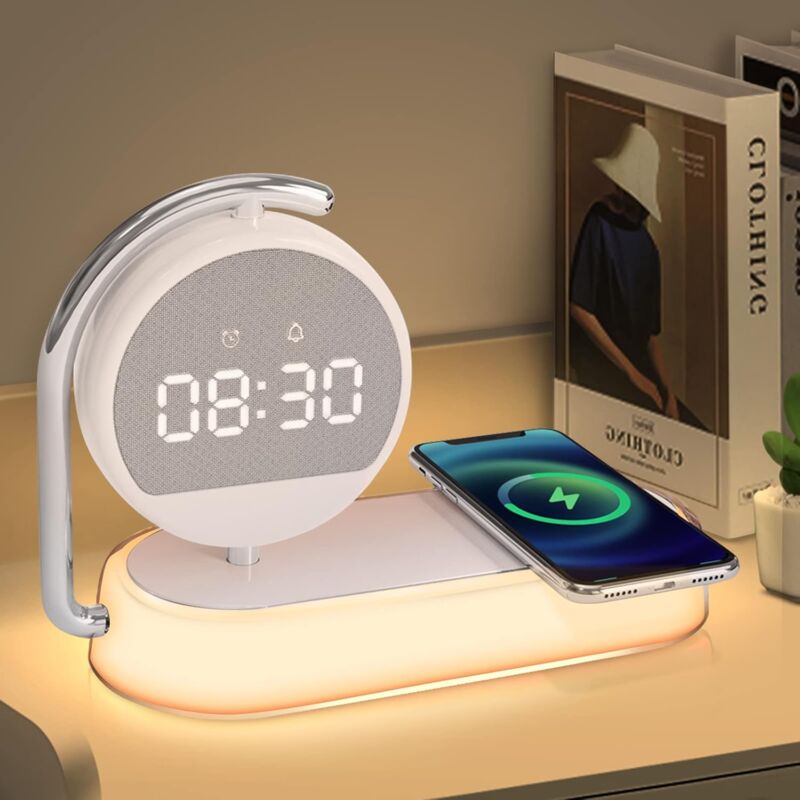 Lampe de réveil led, Lampe de chevet avec station de charge sans fil 15W, Veilleuse tactile à 3 niveaux de lumière douce pour adultes et enfants,