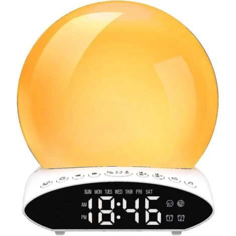 Lampe de réveil, Réveil numérique avec affichage LED, projection de l'heure, radio FM, luminosité réglable, fonction d'aide au sommeil, synchronisation au coucher du soleil