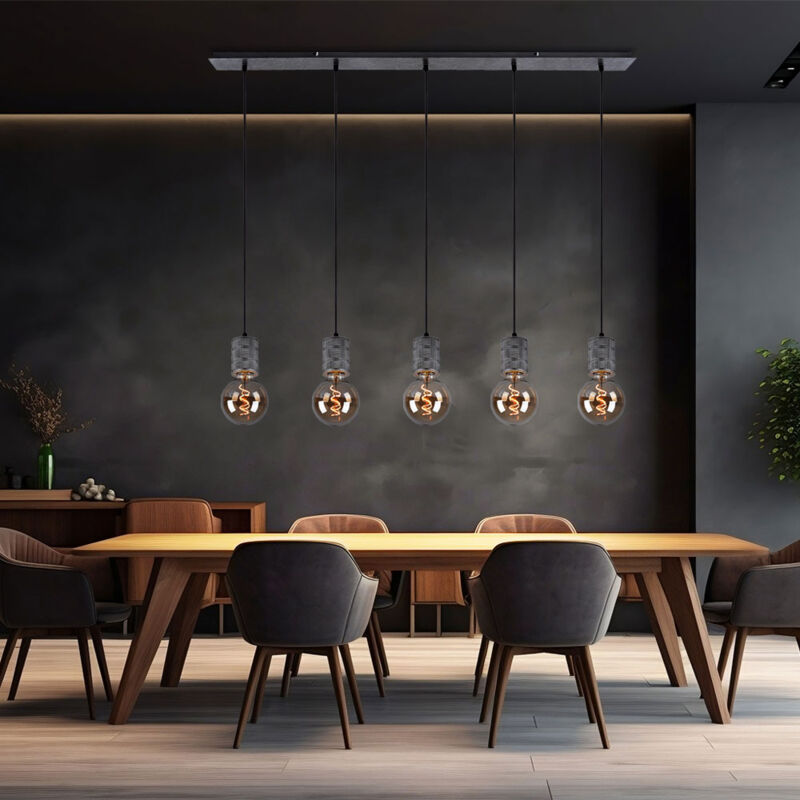 Lampe de salle à manger, suspension argentée antique, réglable en hauteur, 5 ampoules, métal aluminium, 5x E27, LxlxH 115x10x120 cm