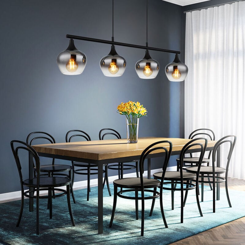 Lampe de salle à manger Suspension Lampe de plafond Lampe de cuisine, métal verre noir fumé, 4x led 7W 630Lm blanc chaud, h 120 cm