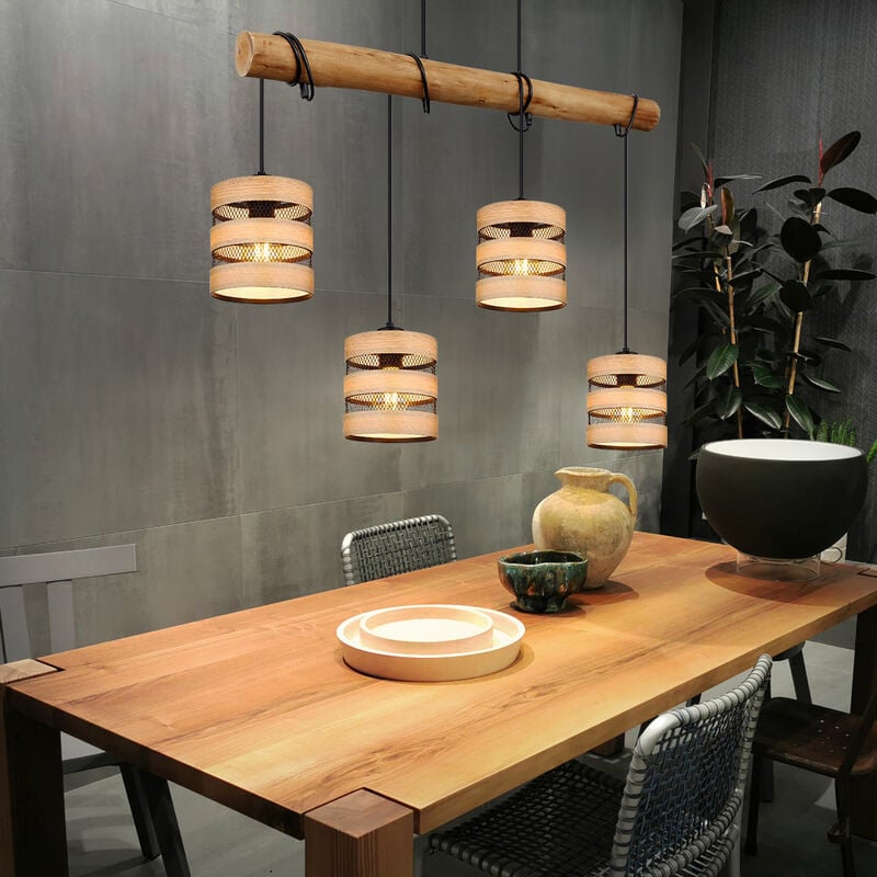 Suspension lampe de salle à manger suspension suspension aspect bois grille noire suspension ronde 4 flammes, métal mdf, douille 4x E27, LxlxH